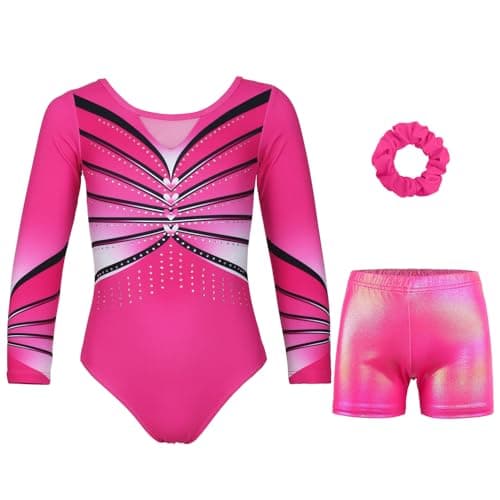 JOYSTREAM Gymnastics Leotards for Girls With Shorts Sparkly Ballet Dance Long Printed Sleeve Outfit 10-11Years,Romantic Heart