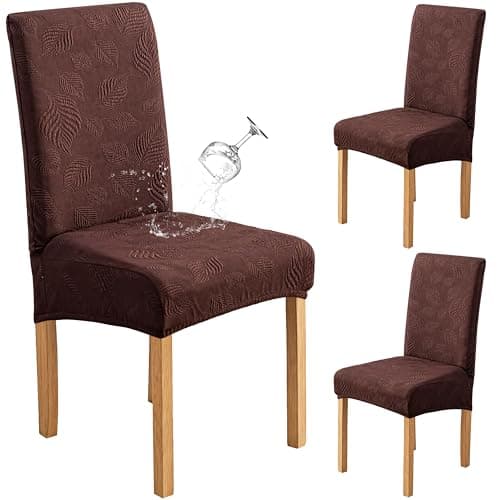 Genina Waterproof Dining Chair Covers Set of 2,Stretch Dining Room Chair Slipcovers with Leaf Jacquard,Removable Kitchen Chair Protector for Home,Restaurant,Banquet-Dark Brown