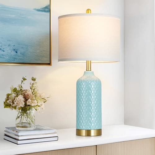 luxeflow 26“ Aqua Blue Ceramic Lamp Single, Coastal Table Lamps for Living Room End Table, Modern Bedside Lamp for Nightstand, Elegant Farmhouse Bedroom Lamps for Desk Side Home Decor(Bulb Included)