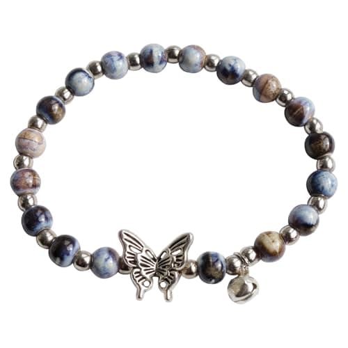 Zlanderah Boho Ceramic Beaded Stretch Bracelet with Butterfly and Bell Charm, Blue-Toned Textured Beaded Jewelry for Women Mom Wife Sister
