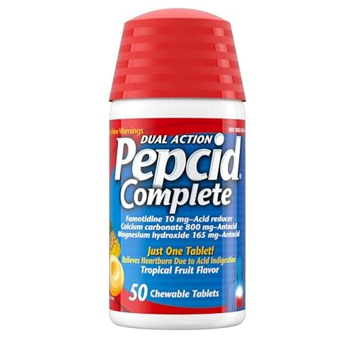 Pepcid Complete Acid Reducer + Antacid for Acid Reflux, 10mg Famotidine, 800mg Calcium Carbonate & 165mg Magnesium Hydroxide per Heartburn Tablet, Antacid Chews, Tropical Fruit, 50 ct