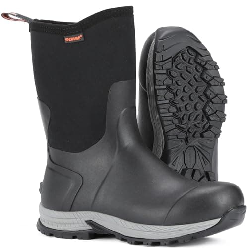Showave Men's Rain Boots Excursion Rubber Boot Calf High Waterproof Insulated Mud Boots Outdoor Footwear for Trekking Gardening Farming Hunting Fishing, Black Size 12