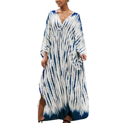 KAICAILA Caftan Dresses For Women V-neck Kimono Bathing Suit Coverup Bohemian Floral Print Loose Fit Holiday