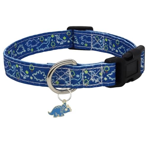 Giecooh Cotton Dog Collar with Pendant, Cute Comfortable Girl and Boy Collars for Small Dogs, S, Blue Dinosaur