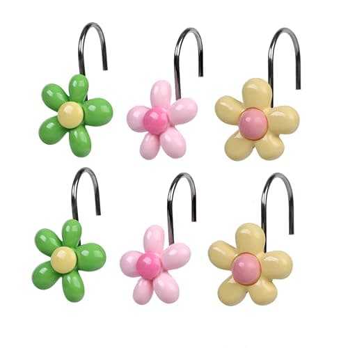 Twofish Home Colorful Flower Shower Curtain Hooks Anti Rust Shower Curtain Hooks Decorative Resin Colorful Flower Shower Curtain Rings Set of 12
