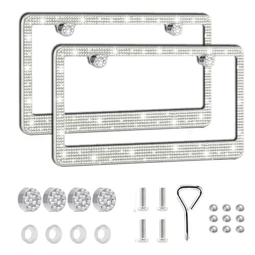 Piburth Bling Car License Plate Frame, Sparkly Rhinestone Stainless Steel License Plate Cover, Universal for Most Cars, SUVs, Vehicles with Screw Set, Auto Accessories for Women (White, 2PCS)