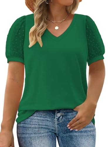 Plus Size Womens Shirts 2026 Summer Fashion Puffy Short Sleeve Cute Swiss Dotted Tops Pure Green XL