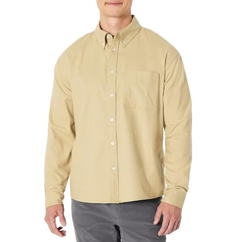 Amazon Essentials Men's Modern Oversized-Fit Cotton Button-Down Shirt, Tan, Large
