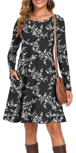 YVH Womens Fall Winter Long Sleeve Dresses with Pockets, Black Carving, L