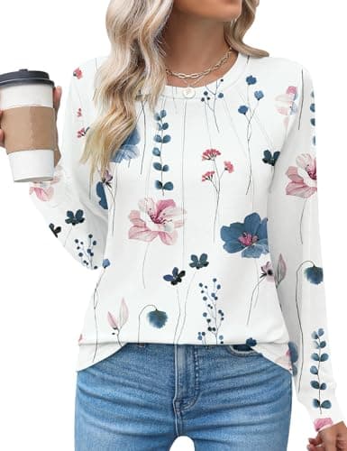 Kistore Womens Tops Long Sleeve Crew Neck Pleated Floral Shirts Business Casual Blouses for Women Fall Clothes L