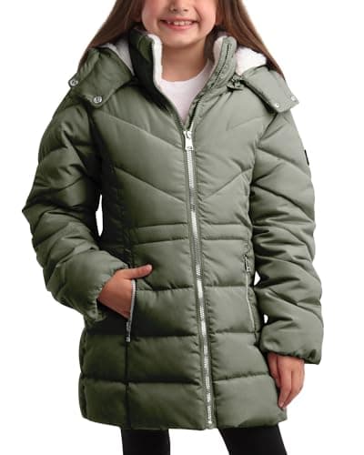 DKNY Girls Winter Jacket - Heavyweight Long Anorak Puffer Jacket with Hood - Sherpa Lined Insulated Winter Coat for Girls, Size 5-6, SAGE GREEN