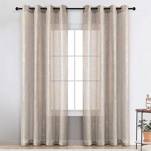 Grey Sheer Curtains with Gold Foil Dots, Grommet, 2 Panels 52 x 63 Inch