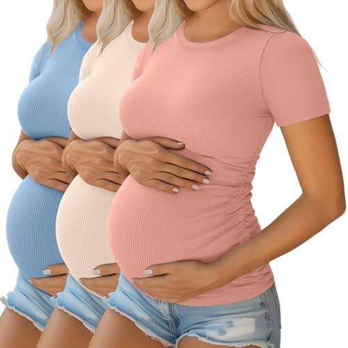 Ficerd 3 Pack Women's Short Sleeve Maternity Shirts, Large, 3-Color
