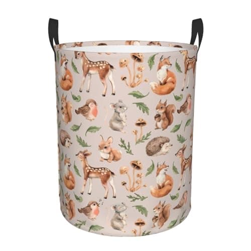 Gbuzozie 62L Round Laundry Hamper Forest Little Animals Storage Basket Waterproof Coating Deer Squirrel Fox Hedgehog Bird Organizer Bin For Nursery Clothes Toys
