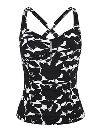 Hilor Women's Tummy Control Tankini Bathing Suits Retro Shirred Swimsuits Cross Back Tankini Swimwear Tops Black Floral 20