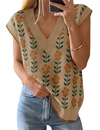 ZESICA Women's Floral V Neck Sleeveless Knit Sweater Vest Khaki M