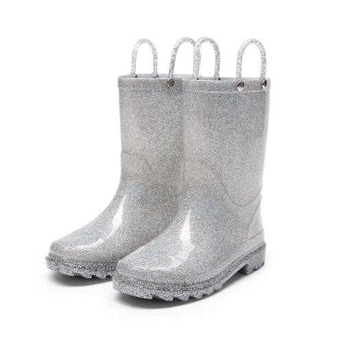 DREAM PAIRS Kids Rain Boots Glitter Boys Girls with Easy-on Handles Sparkly Waterproof Boots Outdoor Playing Rain Boots Unisex-Child,Size 7 Toddler,Silver,KKEMRB2501