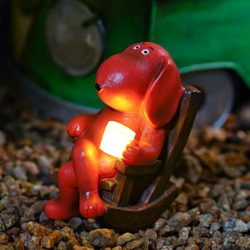 WSHMZYHOME Solar Powered Rocking Chair Dog Garden Statue, LED Glowing Resin Figurine Light, Weather Resistant Outdoor Indoor Decor for Patio Lawn Desk, Cute Animal Gift for Dog Lovers