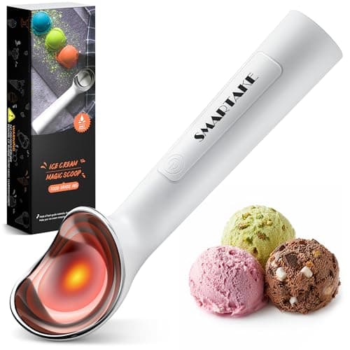 SMARTAKE Heated Ice Cream Scoop, Self Warming to 158°F for Hard Ice Cream, Rechargeable Electric Ice Cream Scoop with On/Off Button, Heat-Proof Shell, 2oz Large Spoon, LED Display, 2600mAh, White