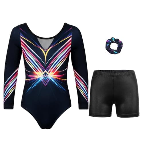 JOYSTREAM Gymnastics Leotards for Girls With Shorts Sparkly Ballet Dance Long Printed Sleeve Outfit 6-7Years,Multicolor Lines