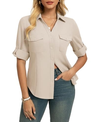 GRACE KARIN Women Button Down Business Shirts, Collared V Neck 3/4 Sleeve Tops Dressy Work Trendy Blouses Apricot Large