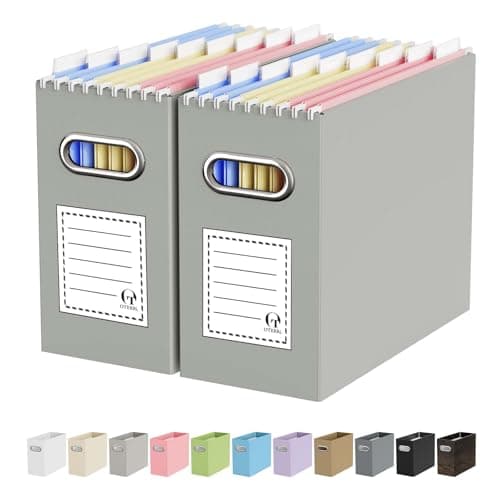 Oterri File Organizer Box, Portable Collapsible Cardboard File Folder Organizer with Handle for Letter Size Hanging Files, Document Storage Box for Home Office & Classroom (2 Packs, Grey)