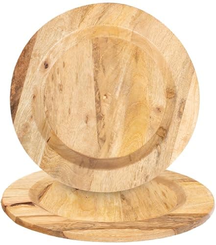 CLEENTABLE Solid Wood Charger Plates Set of 2, 13 Inch Handcrafted Round Rustic Serving Plates, Natural Wooden Tableware for Indoor & Outdoor Dining, Weddings, Holidays, Parties, (Natural)