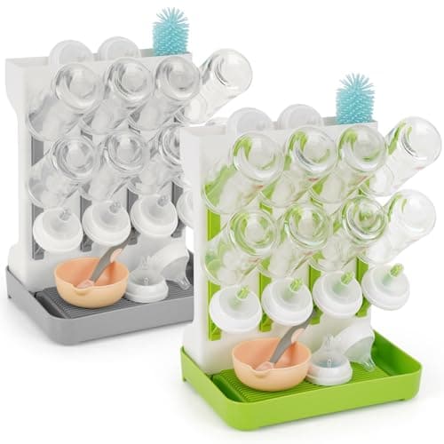 Flysich Baby Bottle Drying Rack, 2PCS Space Saving Baby Bottle Organizer for Countertop, Vertical Bottle Dryer Holder with Brushes Holder, Large Bottle Storage Holder 12 Bottles & Baby Accessories