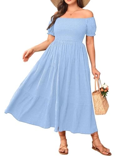 Plus Size Baby Shower Dresses Summer Off Shoulder Solid Smocked Maxi Dress