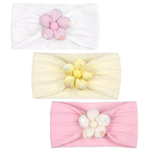 MIUXUESO 3 Piece Baby Girls Flower Headband, Florals Nylon Headband Soft Comfortable Elasticity Hairbands Baby Shower Newborn Essentials for Infant Toddlers (Yellow Pink White)