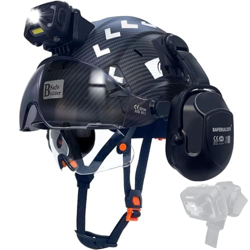 SAFEBUILDER Hard Hats with Visor and Headlight Ear Muffs Lightweight Vented Safety Helmet Headlamp for Construction Industrial Outdoor Work ANSI Z89.1 Approved (MTBlack+CSV+B07+SHL01)
