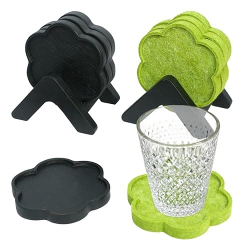 EVERBBKING 8-Piece Acacia Wood & Absorbent Felt Coaster Set with Stand, Decorative Flower Design - 4" Minimalist Drink Holders for Cold & Hot Drinks, Rustic Modern Decor for Bar & Office - Black