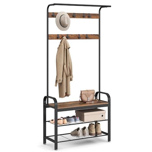 VASAGLE Coat Rack, Hall Tree with Shoe Bench for Entryway, Entryway Bench with Coat Rack, 4-in-1, with 9 Removable Hooks, a Hanging Rod, 13.3 x 33.1 x 72.1 Inches, Rustic Brown and Black UHSR400B01