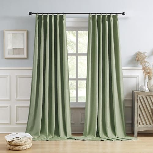 DUALIFE Sage Green Pinch Pleated Blackout Curtains 40 x 108 Inches Long, Back Tab Drapes for Living Room Bedroom Thermal Insulated Full Blackout Draperies with Hooks
