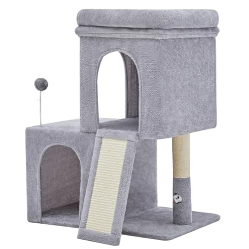 Woochpet 32inch Tall Cat Tree with 2 cat condo for Adult Cats Cozy Cat Tower with Scratching Post and Scrather Board for Cats of Different Ages.（Light Grey）