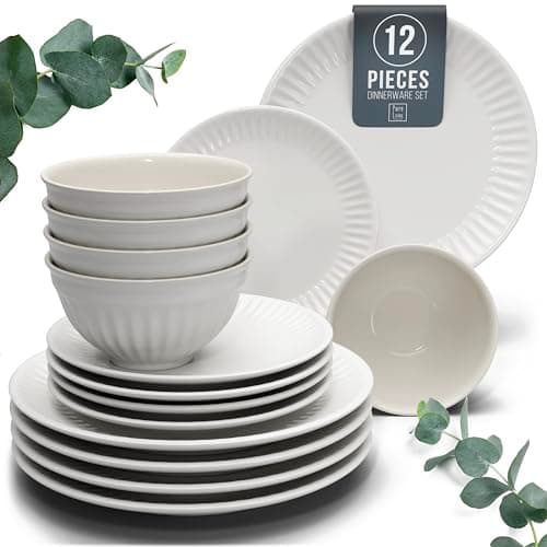 Stoneware Dinnerware Set for 4 People HYGGE 12-Piece - Elegant Scandi Design - Premium Dish Set - Bowl and Plate Set - Tableware for 4 People in a Ribbed Design - Pure Living in White