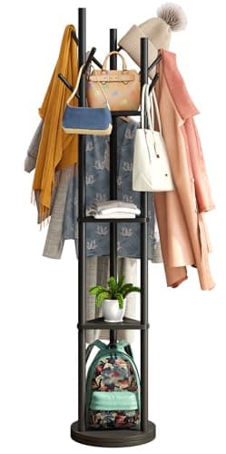 kiplant Rotary Coat Rack Stand with 8 Hooks, Black Bamboo Wood Coat Tree for Clothes/Bags/Hats, Large Coat Rack Freestanding for Entryway (Black_triangle)