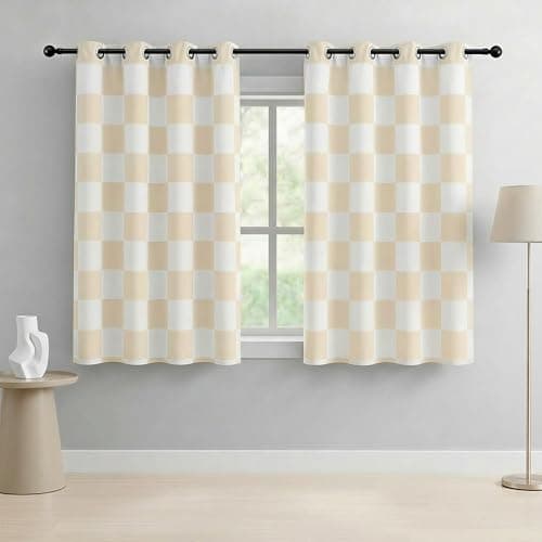 BOHOMOCASA 100% Blackout Checkered Curtains – 2 Panels, Each W52×L63, Thermal Insulated, Nosie Reducing for Bedroom, Modern Cream and White Checkerboard Design