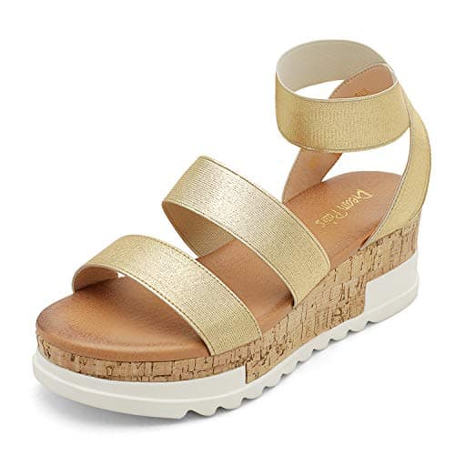 DREAM PAIRS Women's Open Toe Elastic Ankle Strap Casual Flatform Platform Wedges Sandals,Size 5.5,Gold,REED-1