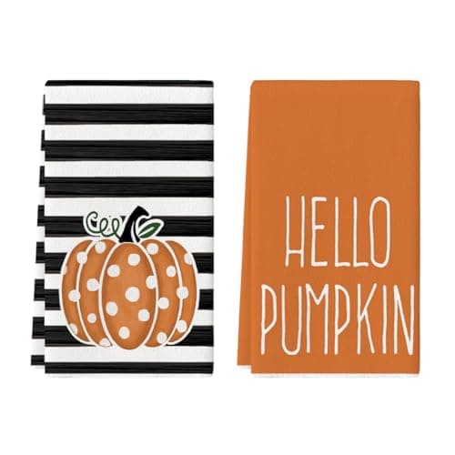 Artoid Mode Orange Pumpkin Stripes Fall Kitchen Towels Set of 2 18x26 Inch