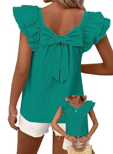 Falechay Summer Tops Womens Fashion Cute Chiffon Trendy Tunic Short Ruffle Sleeves Holiday Top Babydoll Going Out Puffed Casual Shirts Peasant Teacher Outfits Wrinkles Bow Tie Clothing Turquoise M