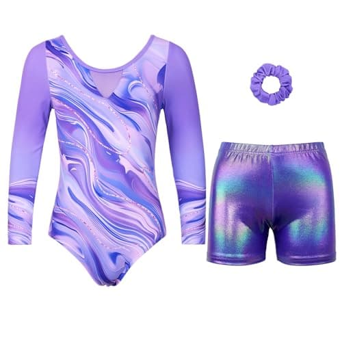 JOYSTREAM Gymnastics Leotards for Girls With Shorts Sparkly Ballet Dance Long Printed Sleeve Outfit 10-11Years,Purple Marble
