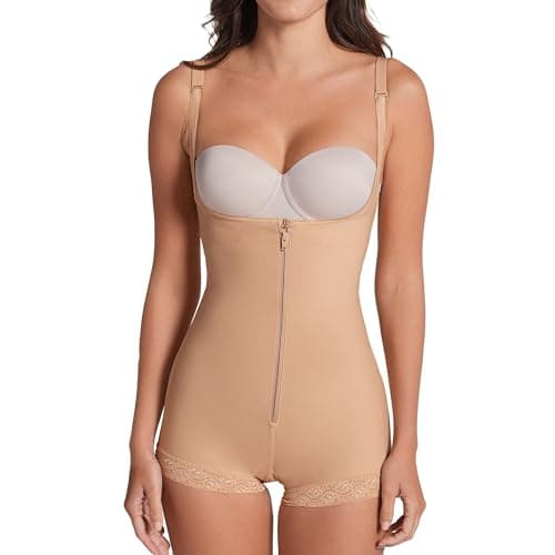Leonisa Women's Slimming Braless Firm Tummy Compression Body Shaper in Boyshort with Rear Lift,Beige,Large