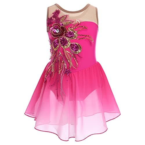 Ice Figure Skating Dress for Girls Sparkly Sequins Sheer Mesh Chiffon Ballet Dance Dress Ballerina Outfits Gymnastics Leotards for Girl with Dance Skirt Figure Skating Dress Rose Pink 9-10 Years