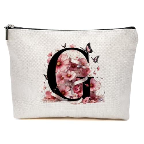 JIUWEIHU Pink Flower Initial Makeup Bag, Birthday Gifts for Women Mom
