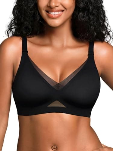 Cuteio Wireless Bras for Women No Underwire, Seamless V Neck Mesh Bralette with Support, Everyday Full Coverage Comfortable Bra