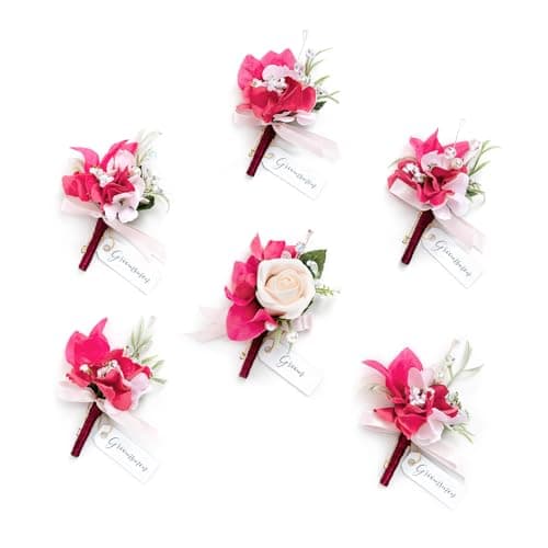 Ling's moment Boutonniere for Men, 6pcs Blush & Hot Pink