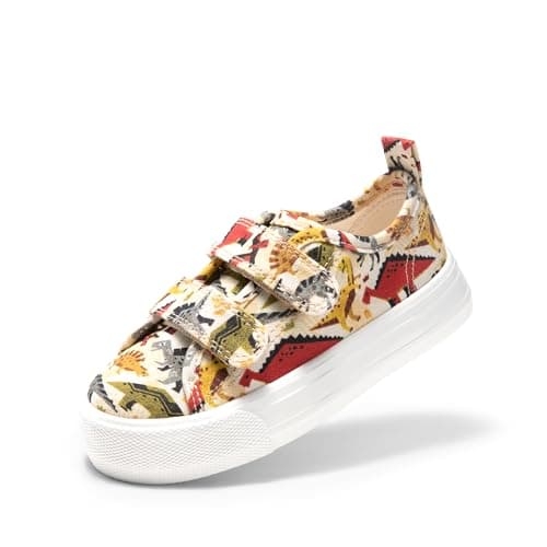 DREAM PAIRS Kids Toddler Sneakers Boys Girls Canvas with Cartoon Dual Hook and Loops for School Walking,Size 7 Toddler,Brown/Dinosaur,KKUMFN2508