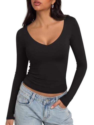 REORIA Women's Long Sleeve Tops 2025 Fall V Neck Slim Fitted Soft Layering Basic Shirt Thermal Double Lined Going Out Tops(Black Large)