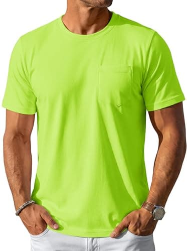 MAGCOMSEN Men's T-Shirts Short Sleeve Cotton Pocket Tee for Men Casual Crew Neck Plain Basic Tee Shirts Fluorescent Green